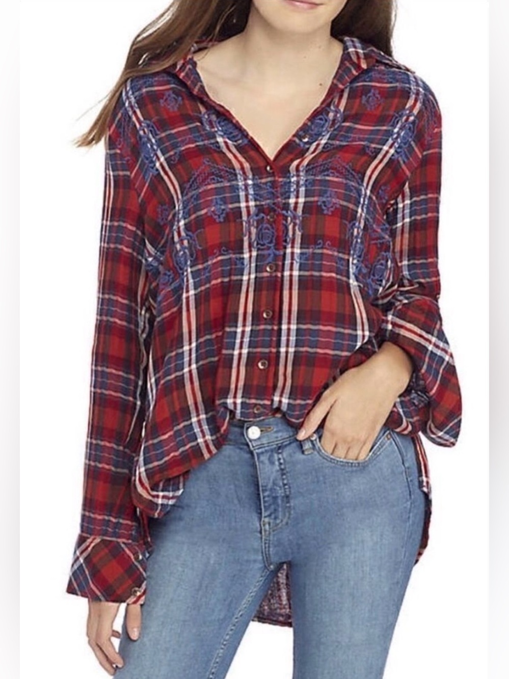 Free People Magical Embroidered Plaid Tunic Shirt XS Oversized Boho Flannel